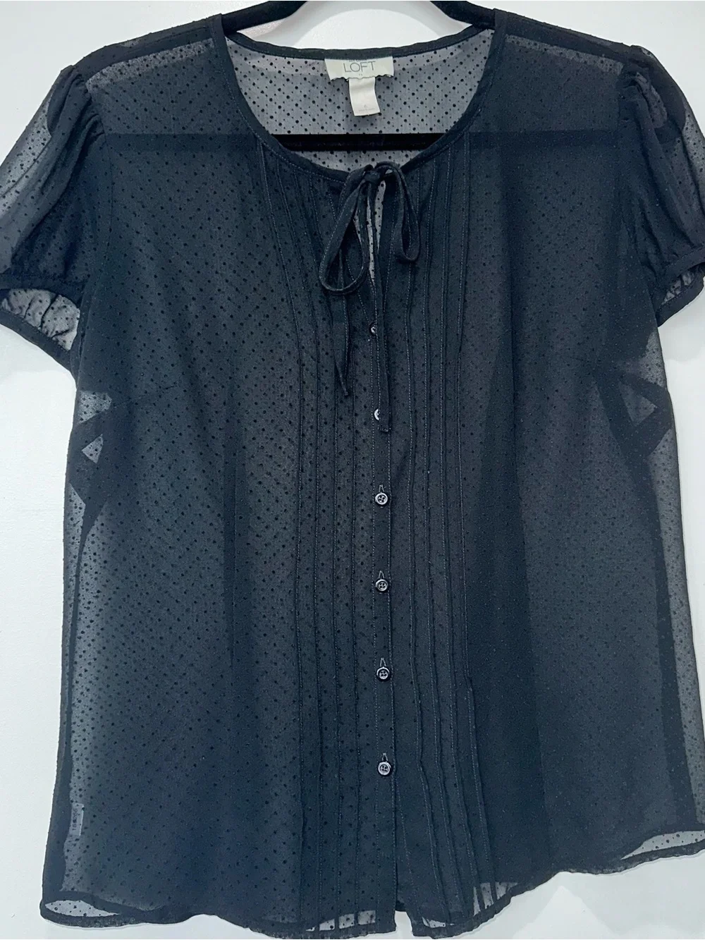 LOFT Black Dotted Sheer Button-Front Blouse